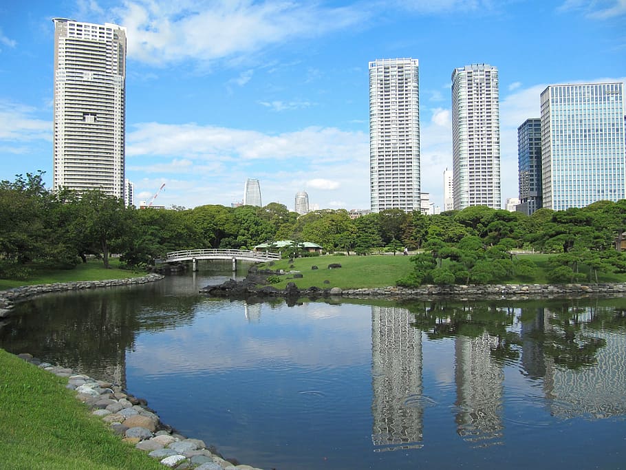 concreto, edifícios, rio, tóquio, japão, arranha céus, arquitetura, céu, nuvens, cidade