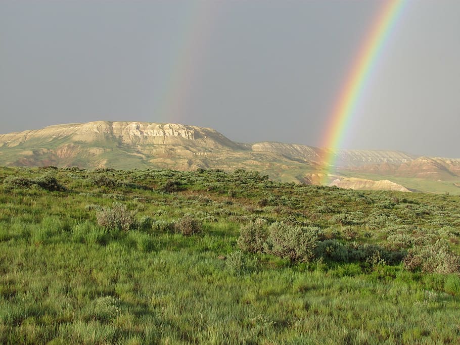 rainbows, two, double, scenic, weather, fossil butte, national monument, wyoming, usa, hills