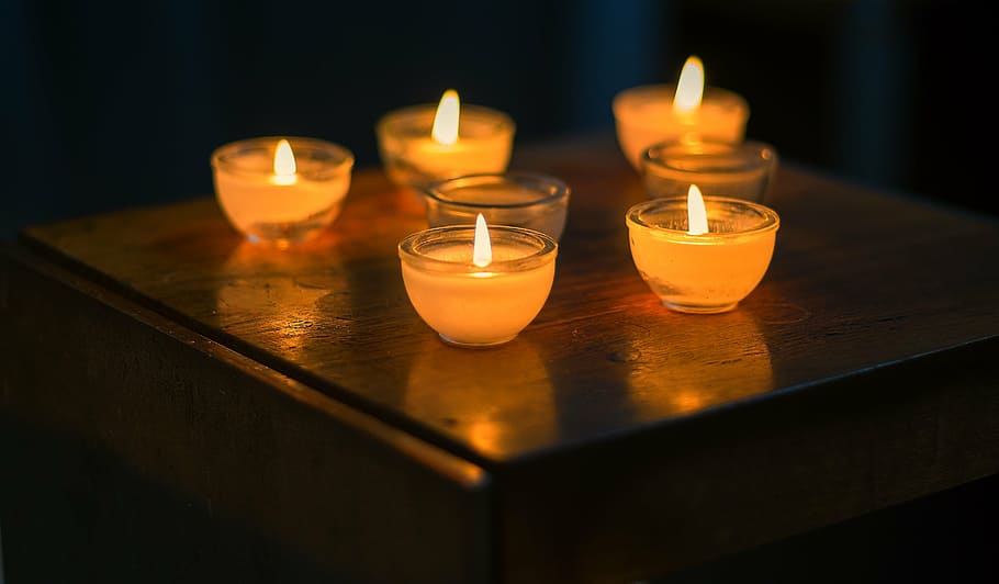 five, lighted, votive, candles, background, candle, candlelight, church, chapel, flame