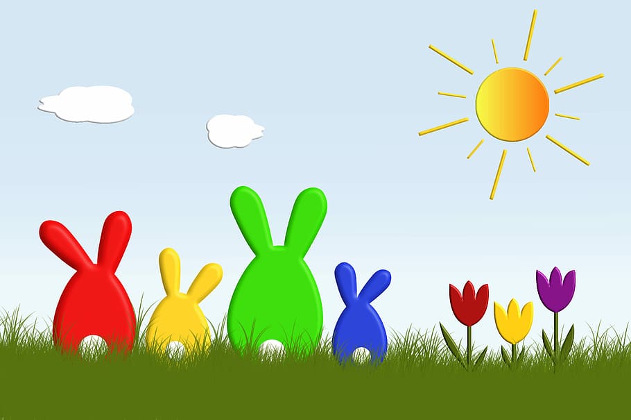 merah, kuning, hijau, biru, lukisan kelinci, kelinci, paskah kelinci, paskah, lucu, warna-warni