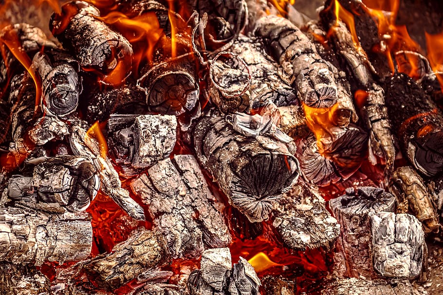 fire, wood, burn, flame, campfire, embers, heat, hot, close up, smoke