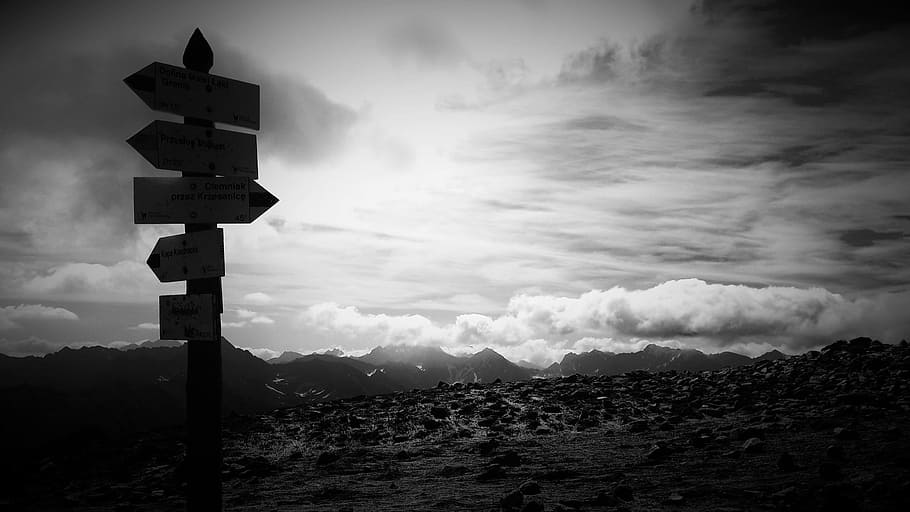grayscale photography, road signage, mountains, signpost, tatry, on stage, black and white, landscape, top, cloud - sky
