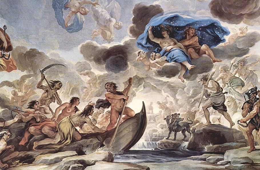 fresco, mural, charon, morpheus, greek mythology, luca giordano, 1680, art, painting, art and craft