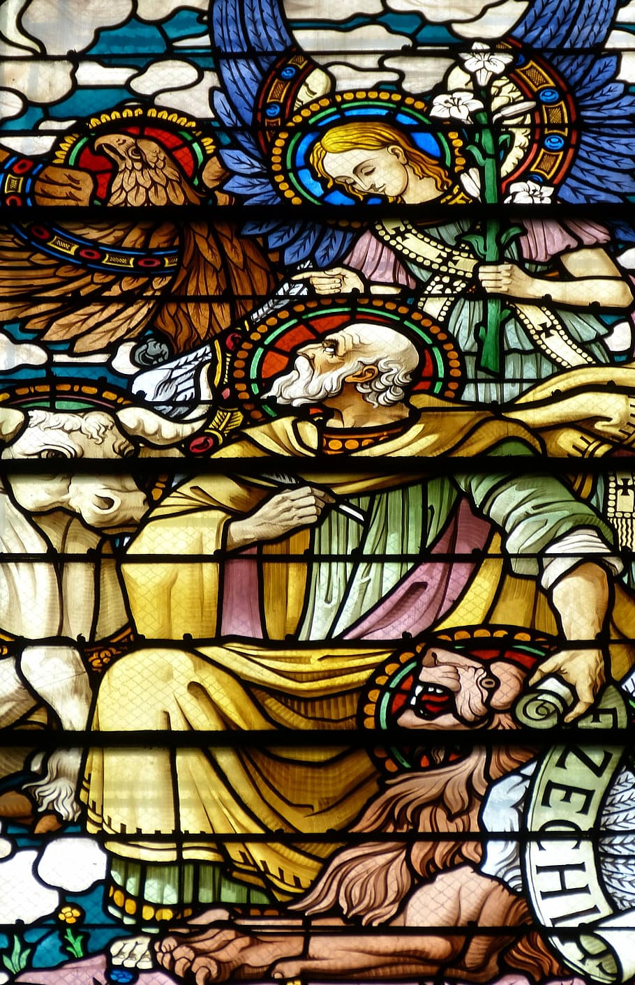 Prophet, Ezekiel, Ezechiel, Lion, Bull, adler, angel, church, window, church window