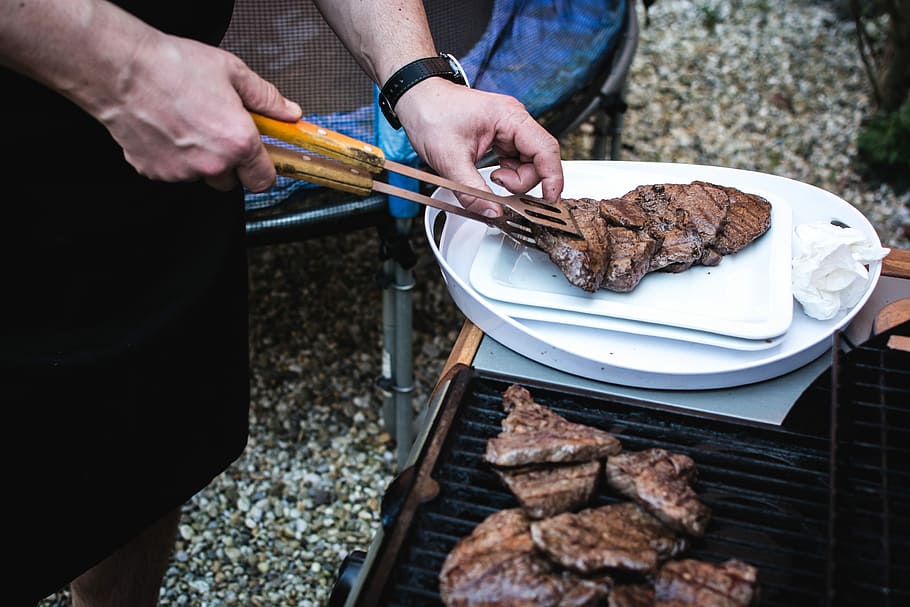 beef steaks barbeque, Beef, steaks, barbeque, cooking, grilling, hands, meat, outside, paleo