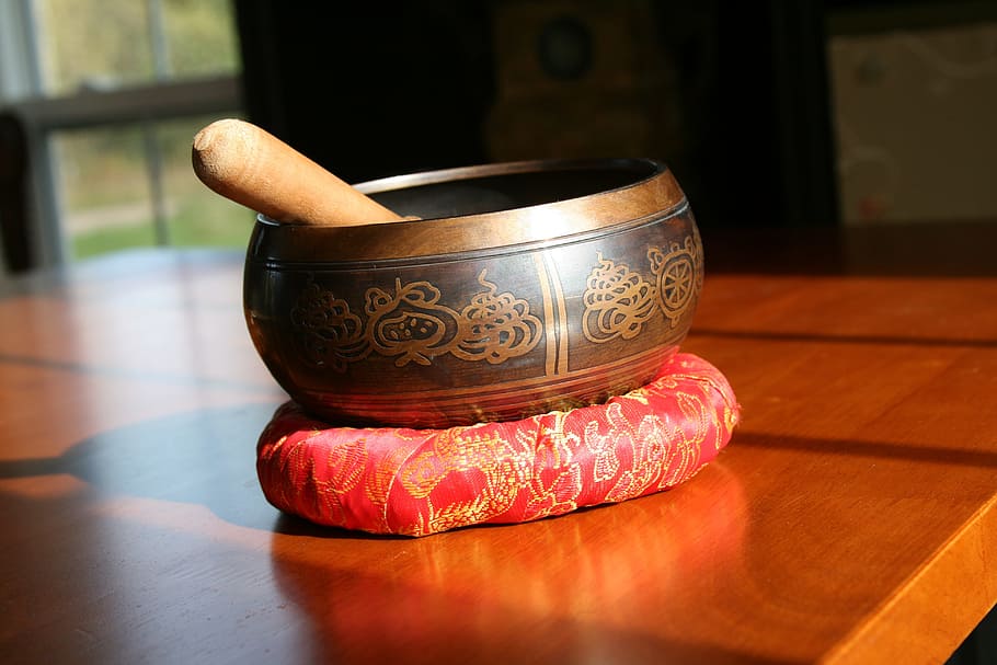 brown, mortar, pestle, wooden, table, tibetan, singing, bowl, buddhism, indoors