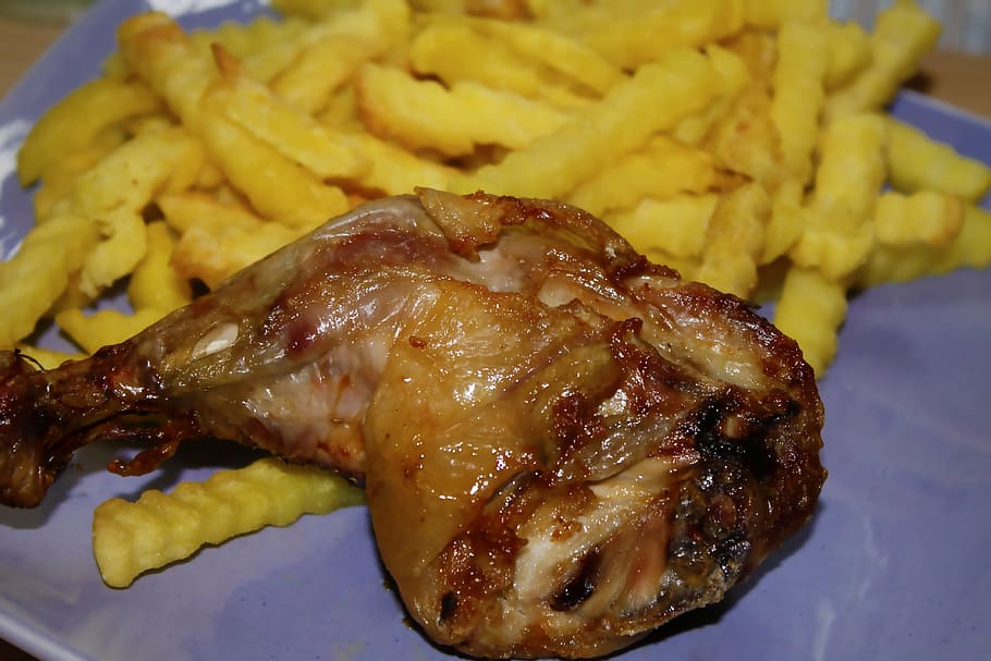 chicken leg, french, sausage, potatoes, cook, lunch, delicacies, gourmet, eat, food