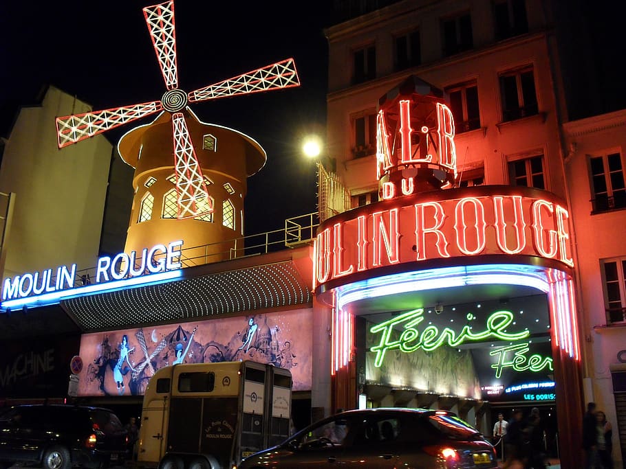moulin rouge, paris, france, symbol, vacation, architecture, europe, night, illuminated, text