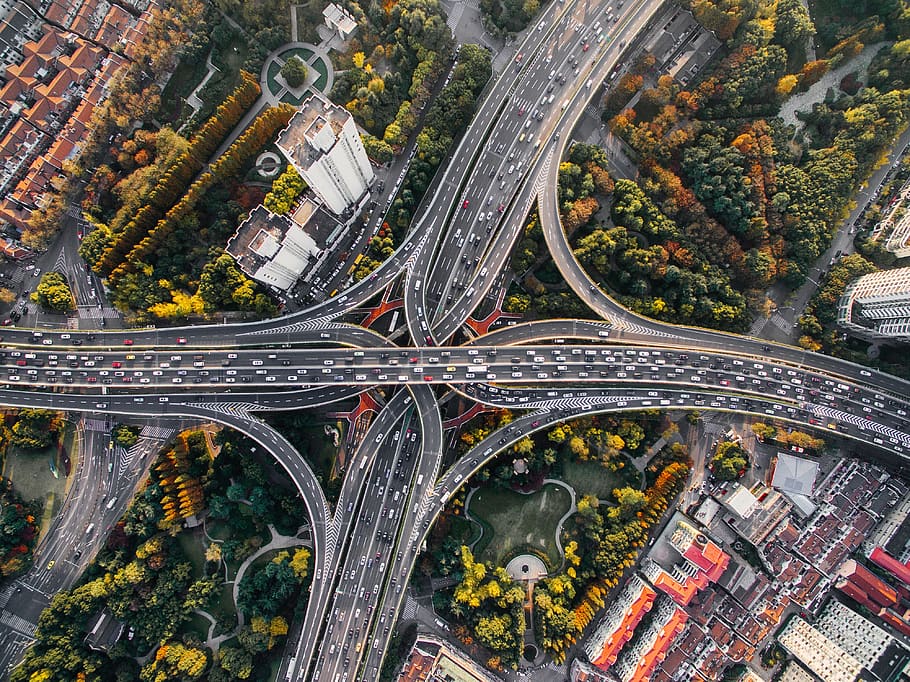 architecture, buildings, infrastructure, aerial, view, rooftops, city, road, highway, car