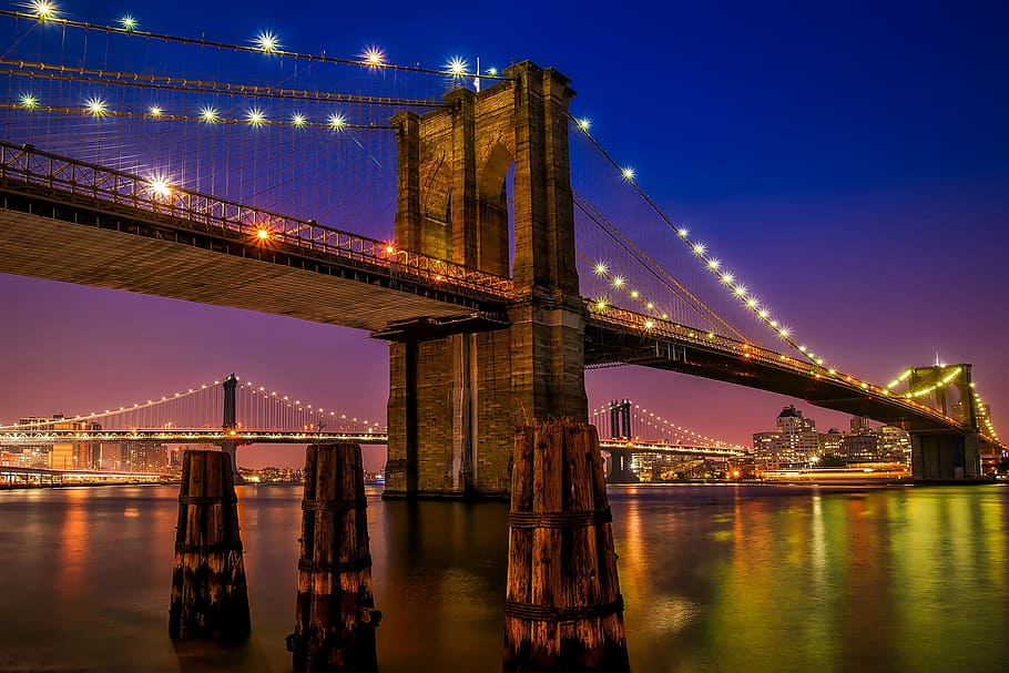 brooklyn bridge, new, york, nighttime, landmark, historic, new york city, cities, urban, river