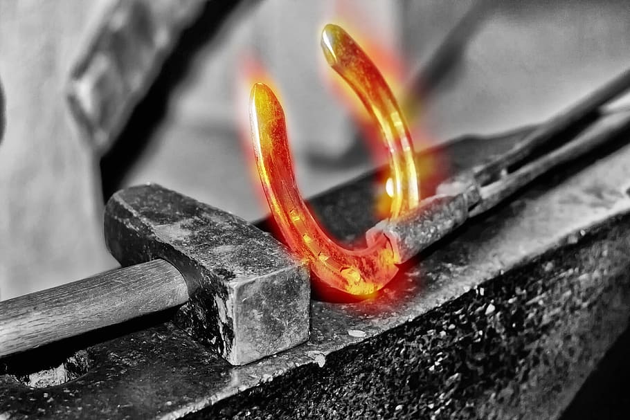 selective, color photography, horseshoe, glow, blacksmith, luck, horses, hammer, anvil, pliers