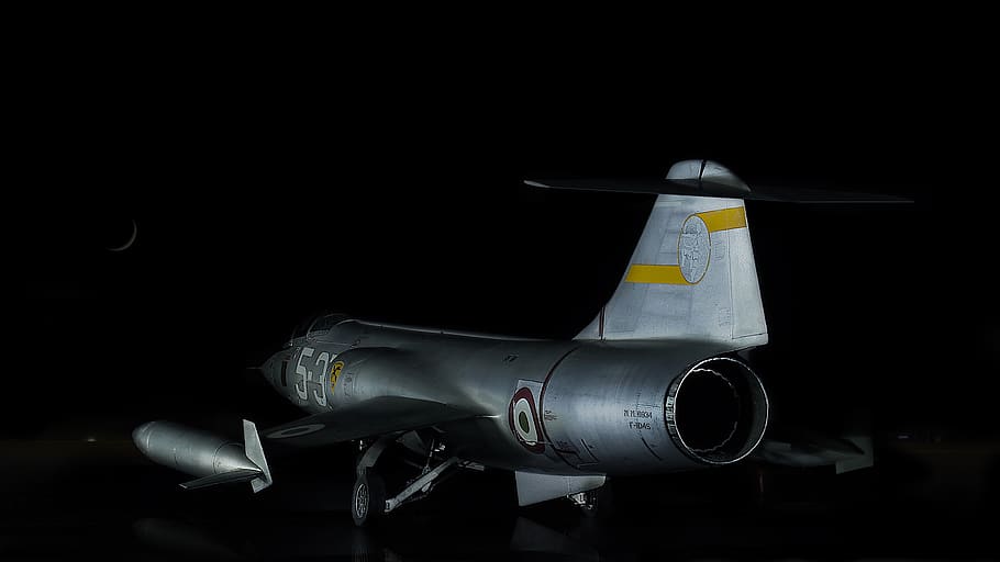 airport, night, the air force of italy, lockheed f-104, starfighter, model, model airplane, black background, air vehicle, studio shot