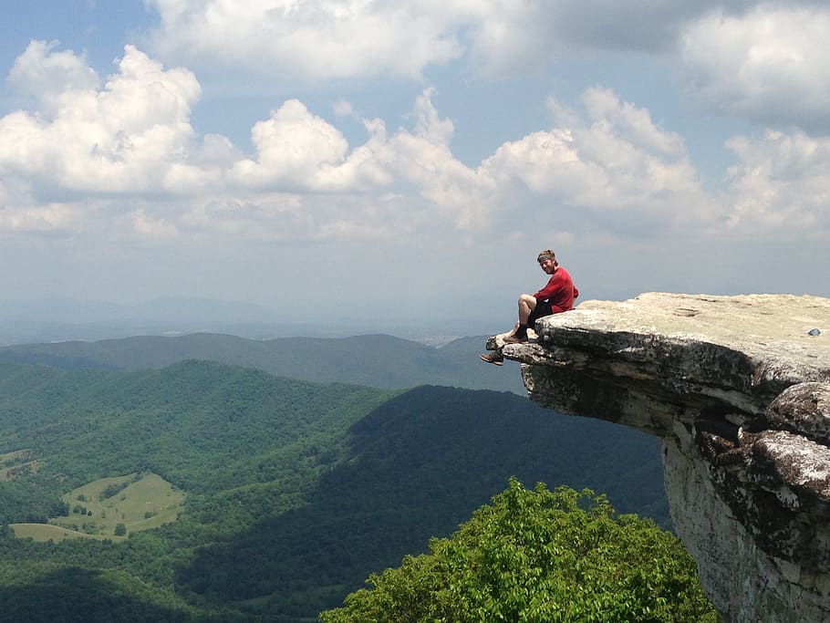 man, sitting, ledge, rock, knob, hiking, mountain, nature, outdoors, mountain Peak