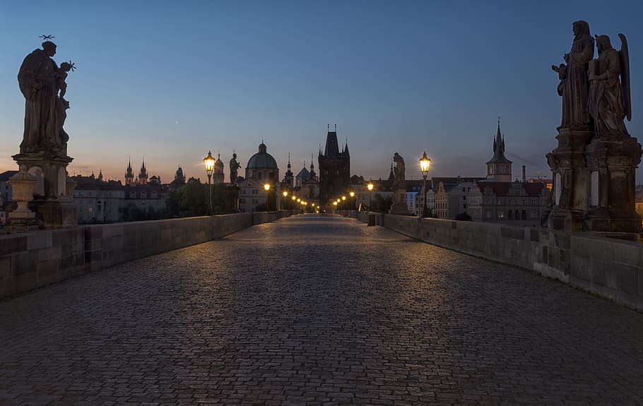 gray, concrete, road, statues, clear, blue, sky, nighttime, Prague, Charles Bridge