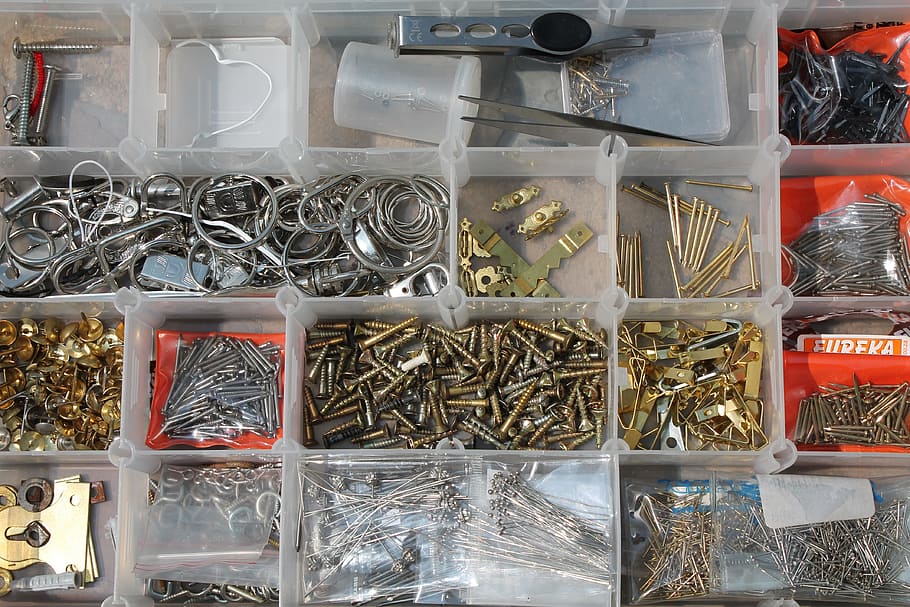 art, crafts, tool kit, screws, nails, hooks, rings, hobby, large group of objects, arrangement