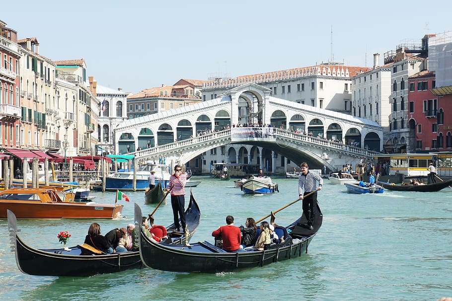 pessoas, montando, barco, hora do dia, Veneza, Canale, Grande, Gôndolas, Canale Grande, Veneza - Itália