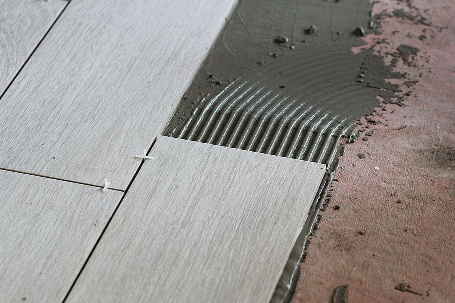 close-up photo, gray, wood flooring, construction, repair, cement, laying tile, tile, floor tiles, tic