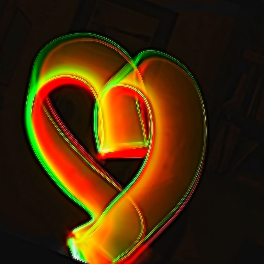 Corazón, luz, pintura, resplandor, amarillo, San Valentín, rojo, símbolo, brillante, decoración