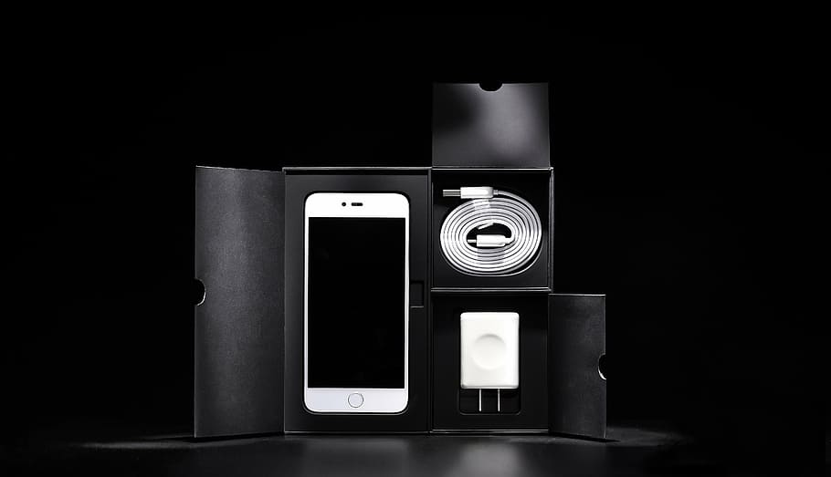 white, android smartphone, box, charger, phone, cellphone, apple, iphone, black, technology