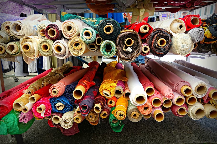 una variedad de textiles, tela, textil, seda, lino, lana, satén, algodón, nylon, chintz