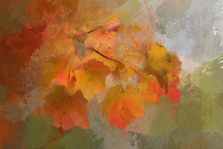 orange, white, green, abstract, painting, leaves, fall, nature, maple, tree