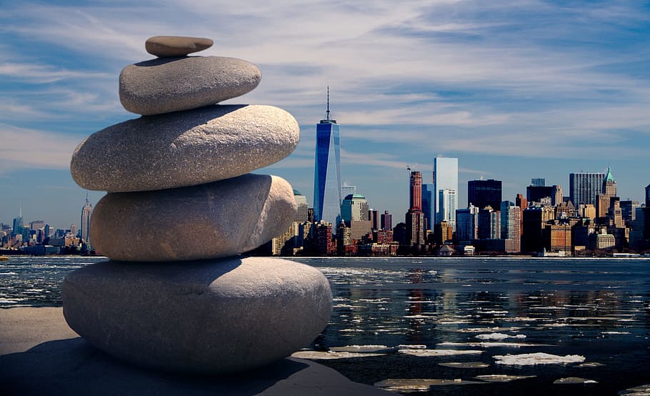 pile, stone, body, water, one, world trade center building, background, cloudy, sky, daytime