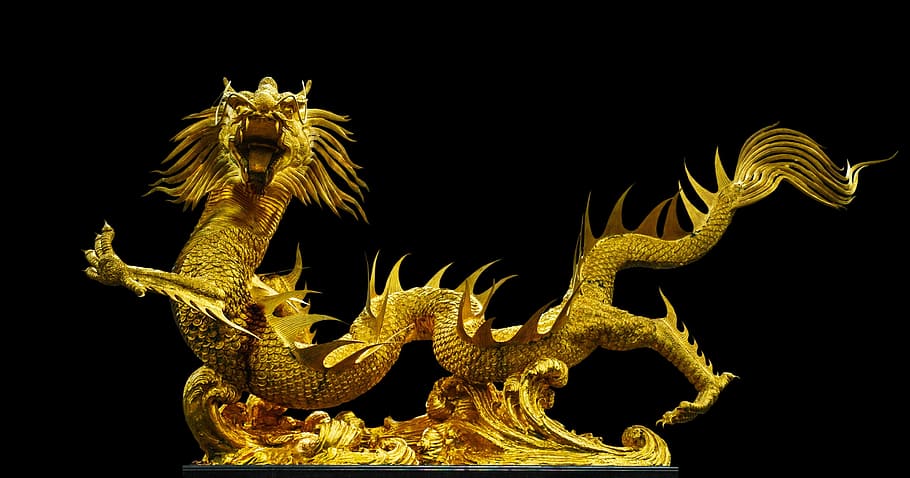 brass dragon model figure, Brass dragon, model figure, golden dragon, broncefigur, gold, thailand, asia, isolated, dragon