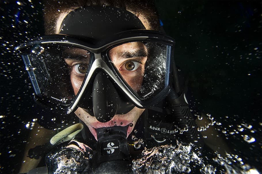 manusia bawah air, penyelam, manusia, perenang, air, kacamata, oksigen, close-up, bawah air, satu orang