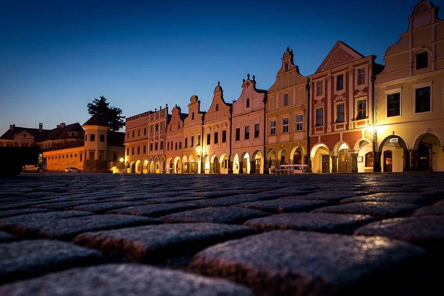 square, old, night, city, architecture, czech republic, telč, lights, houses, building