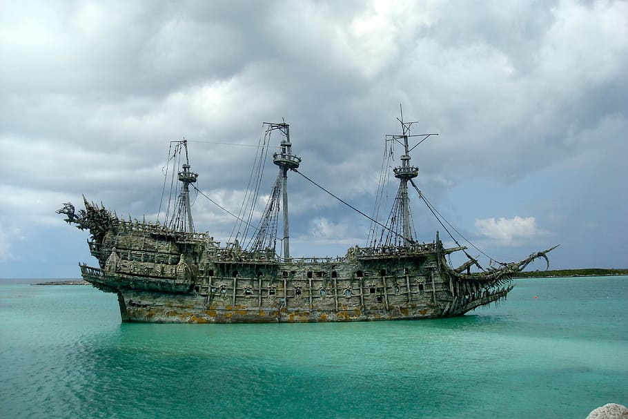 gray, ship, body, water, pirate, disney, black pearl, caribbean, sea, nautical Vessel