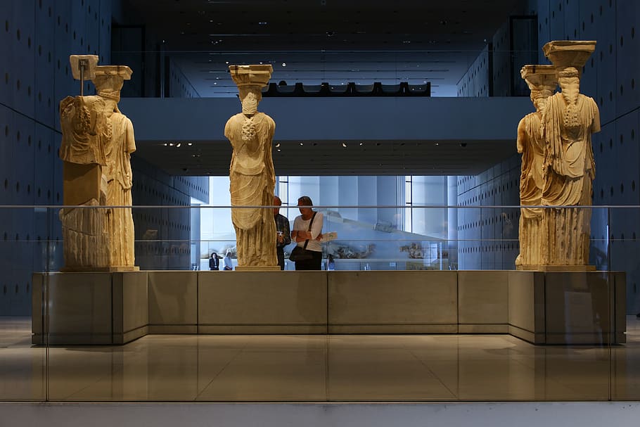 MUSEU ACROPOLIS, homem, camisa, em pé, estátua, dentro, quarto, escultura, representação, representação humana