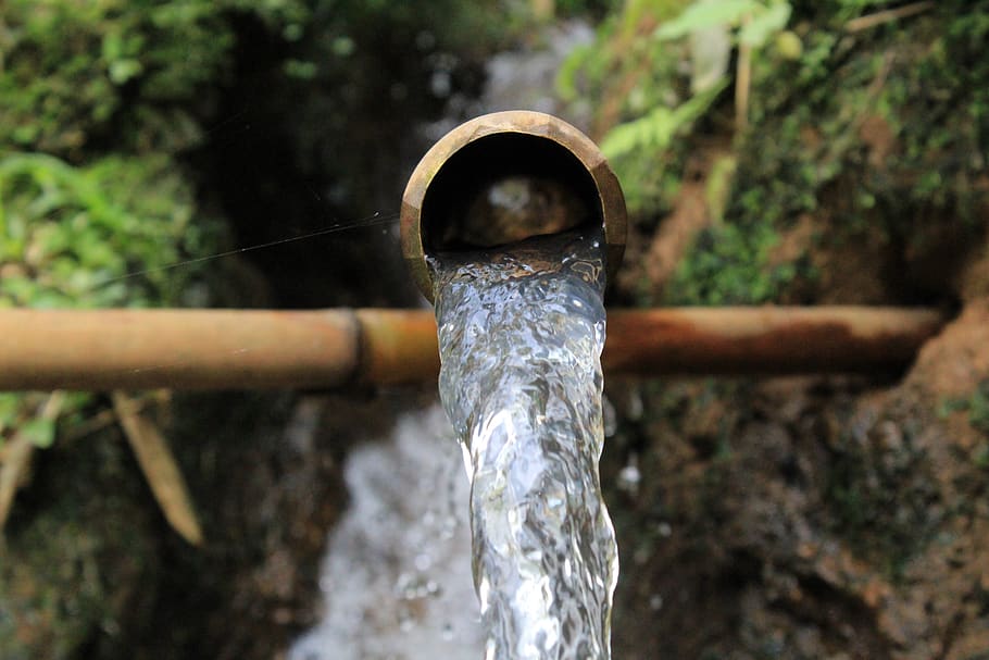 bamboo, water, traditional shower, nature, focus on foreground, pipe - tube, metal, close-up, day, outdoors