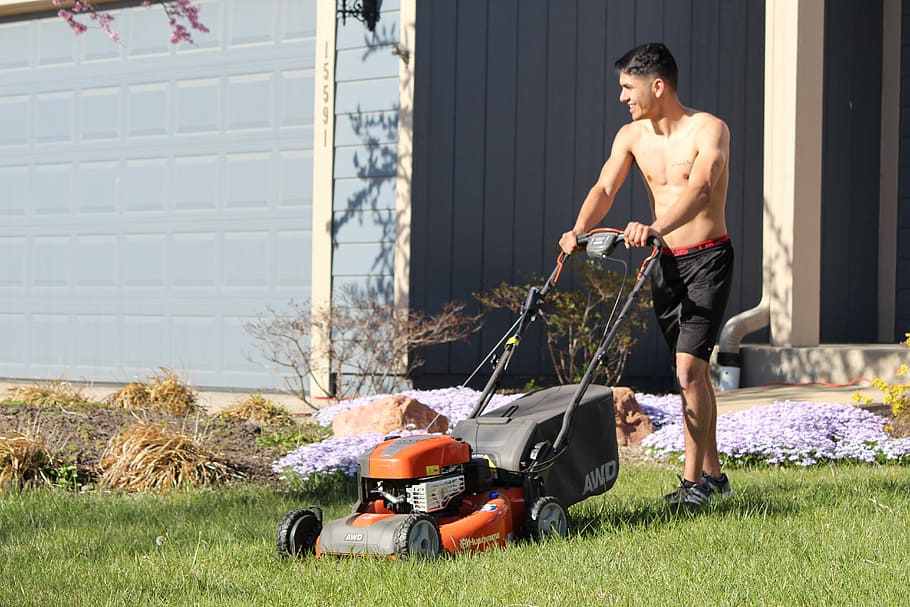 Lads, Mowing, Shirtless, Blond, caucasian, handsome, mow, male, outdoor, grass