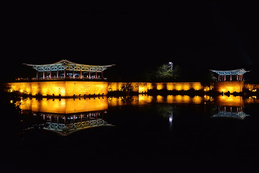 hitam, oranye, pagoda, malam, pemandangan malam, balap, anapji, republik korea, kuno, genteng