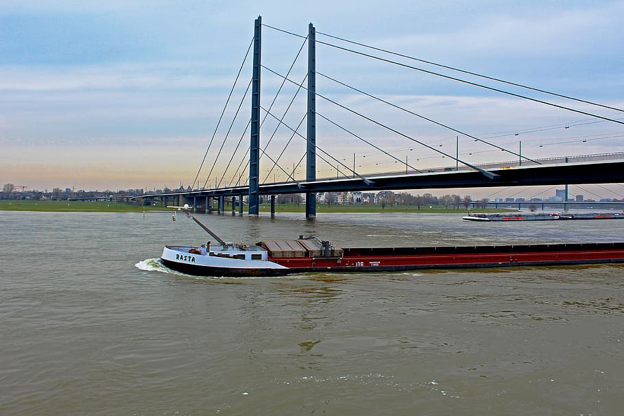 waters, transport system, travel, boat, river, ship, bridge, düsseldorf, water, rhine bridge