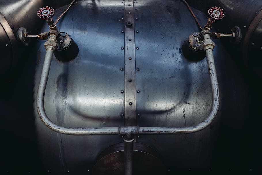 closeup, silver, industrial, machine, grey, metal, tank, two, valves, pipes