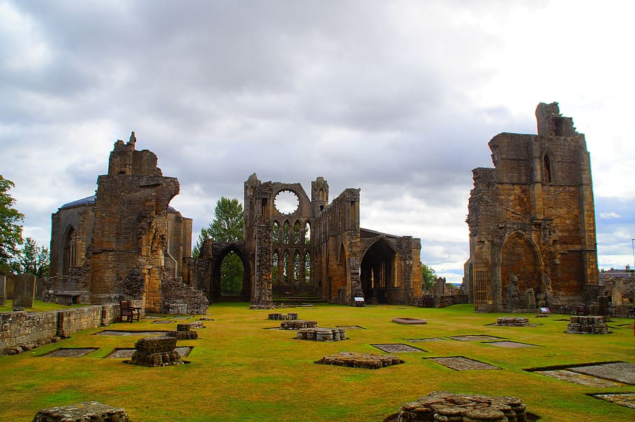 ruin, scotland, gloomy, ghostly, elgin, building, cathedral, church, landscape, church ruins