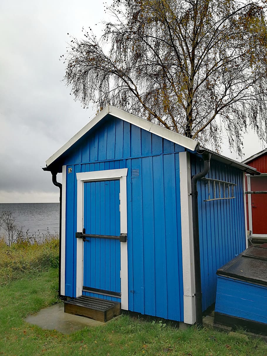 cobertizo para botes, azul, otoño, mar, suecia, clima lluvioso, clima húmedo, estructura construida, arquitectura, árbol