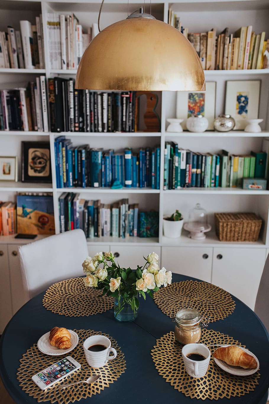 flores, mesa, café, dorado, desayuno, azul, decoración, diseño, estera, redondo