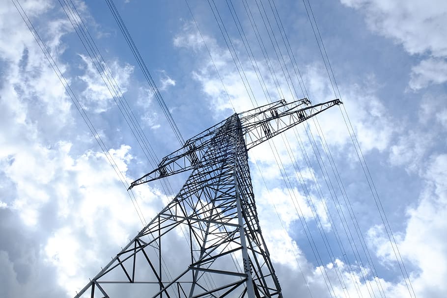 low-angle photo, electric, post, partly, cloudy, day, pylon, current, electricity, strommast
