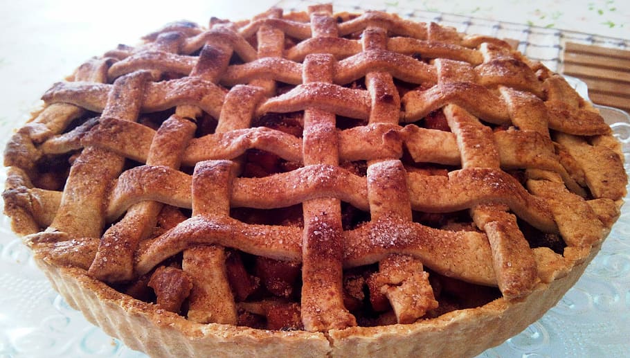 baked round pie, Apple, Pie, Lattice, Dessert, Crust, apple, pie, thanksgiving, homemade, apple pie