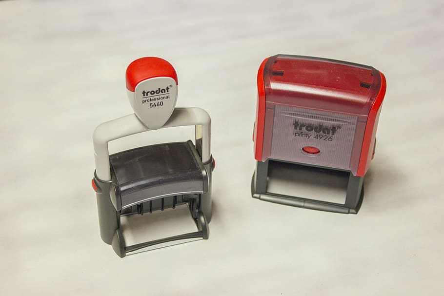 red, trodat stamp, white, surface, office, stationery, office accessories, office supplies, color, close