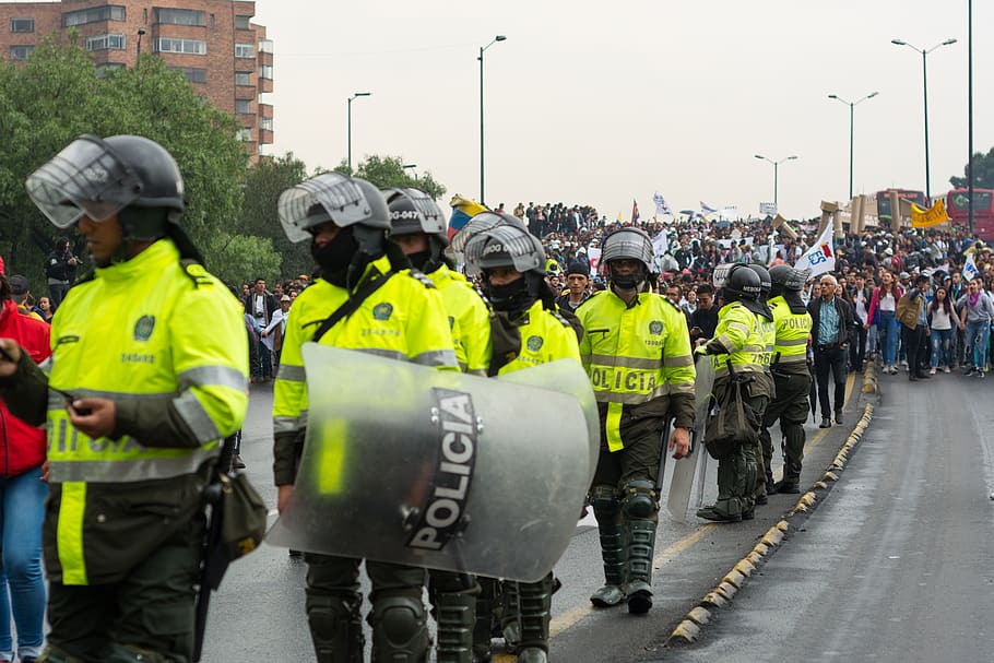 police, colombia, protest, march, resistance, bogotá, guard, civil rights, crowd, large group of people