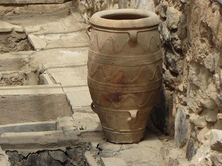 gray, clay pot, wall, jarre, palace of knossos, minoans, island of crete, greece, storage, archaeological site