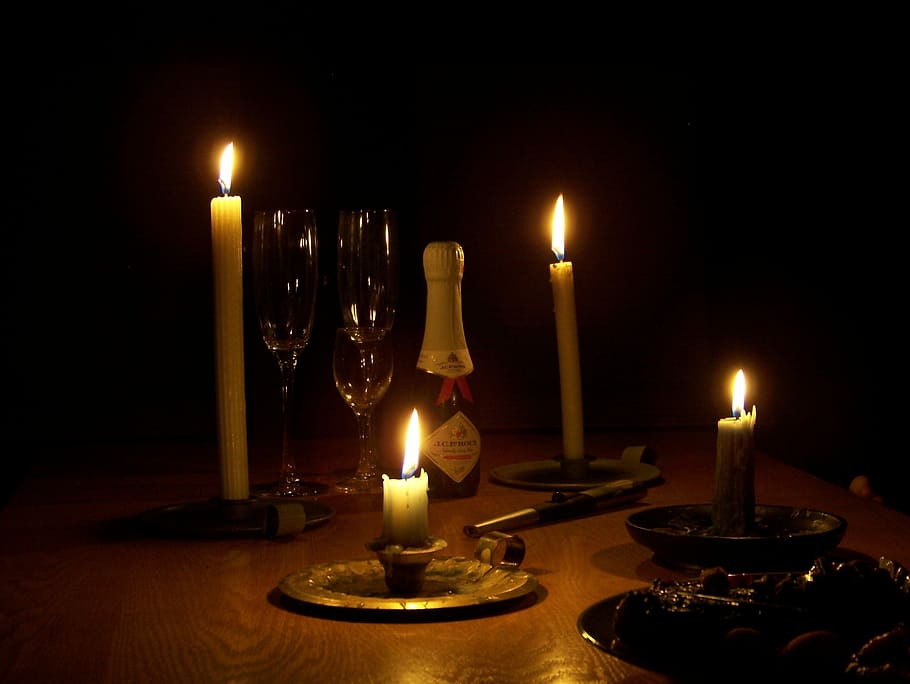 Candles, Champagne, Glasses, Celebrate, candle, flame, burning, illuminated, heat - temperature, atmospheric mood