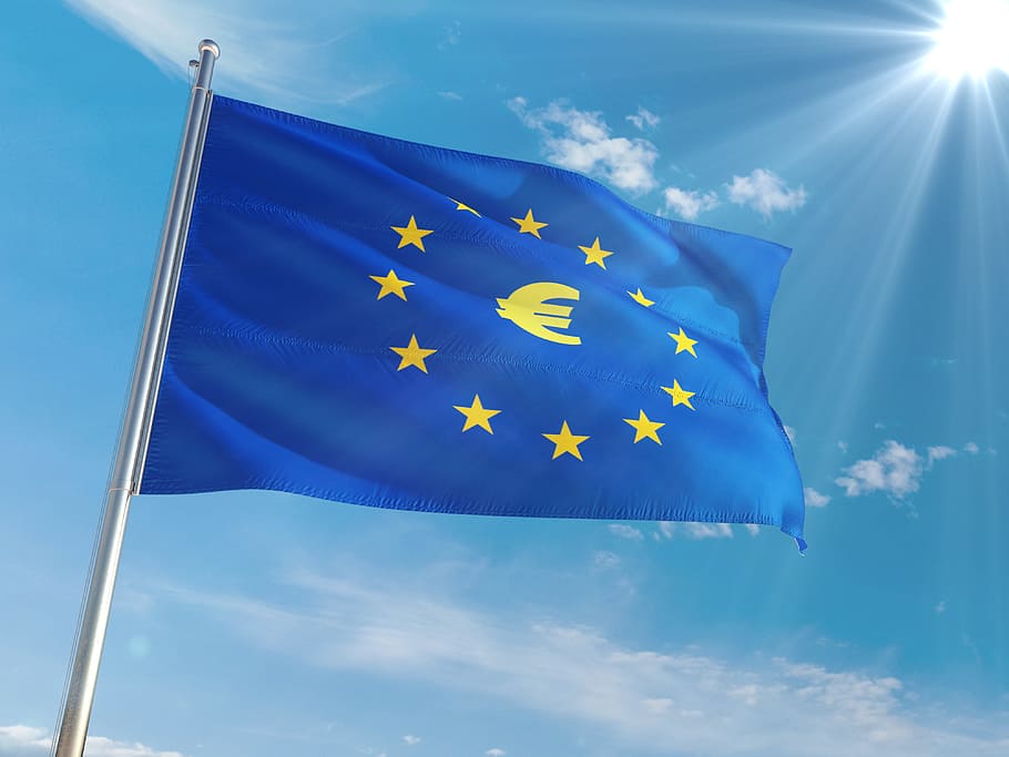 international, flag, eu, europe, european union flag, blue, sky, patriotism, cloud - sky, low angle view