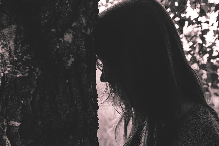 woman, leans, forehead, tree trunk, silhouette photo, silhouette, leaning, tree, girl, lady