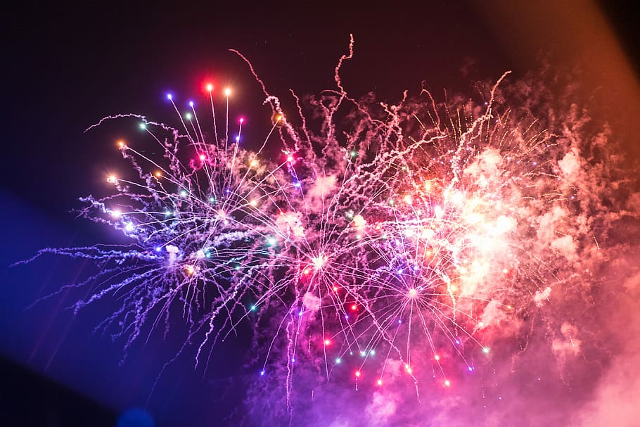 fogos de artifício 4, 4 de julho, coloridos, fogos de artifício, 4 de julho de 2018, resumo, plano de fundo, azul, champanhe, cores