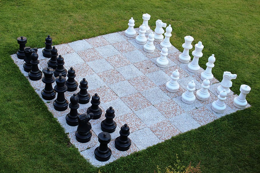 chessboard, set, field, grass, chess game, garden chess, chess pieces, white against black, rush, game