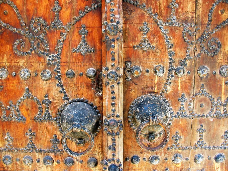 Door, Tunisia, Arabesque, wood - material, textured, close-up, backgrounds, full frame, metal, pattern